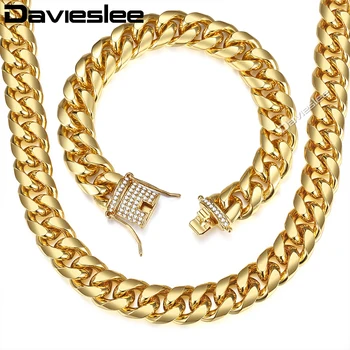 

Davieslee Jewelry Set For Men Gold Miami Curb Cuban Link Chain Bracelet Necklace Sets Iced Out CZ Male Gifts 14mm LGS284