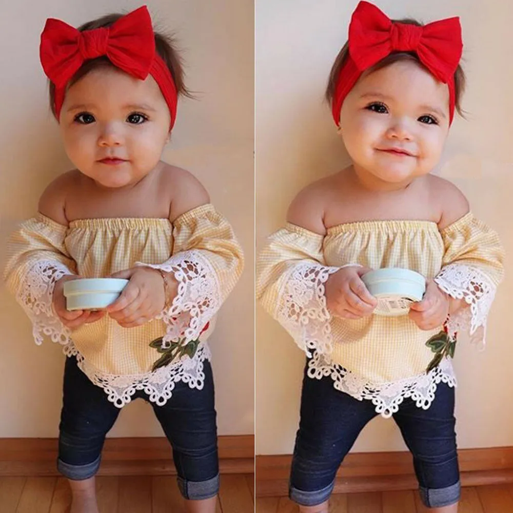 

Baby Girl Clothes Lace Off Shoulder Tops T-Shirt Denim Pants Outfits Set Vetement Enfant Fille Roupa Infantil Girls Outfits 2019