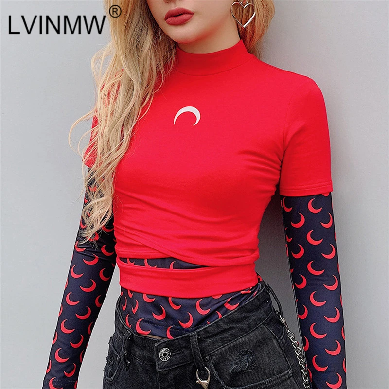 

LVINMW Casual Moon Print Turtleneck Hollow Out Crop Top 2019 Summer Women Sexy Slim Streetwear T-shirt Female Tees Tops 3 Color