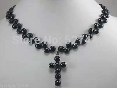 

Wholesale 7-8mm black Akoya Cultured Pearl cross Pendants Necklace