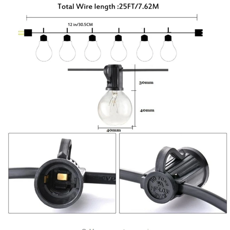 Патио огни G40 Глобус партии Рождество свет шнура теплый белый 25 прозрачные винтажные лампы 25ft декоративные открытый задний двор гирлянды
