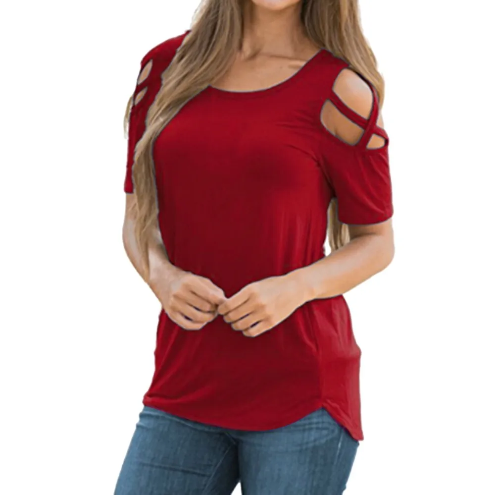 

Women Blouses Summer Short Sleeve Strappy Cold Shoulder Tops Cold Shoulder Short Sleeve Lace Scoop Neck A-Line Tunic Tops