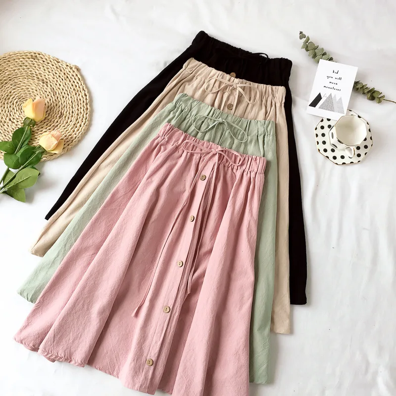 

Summer Skirts Womens Midi Knee Length Elegant Button High Waist Skirt Female Pleated School Skirt
