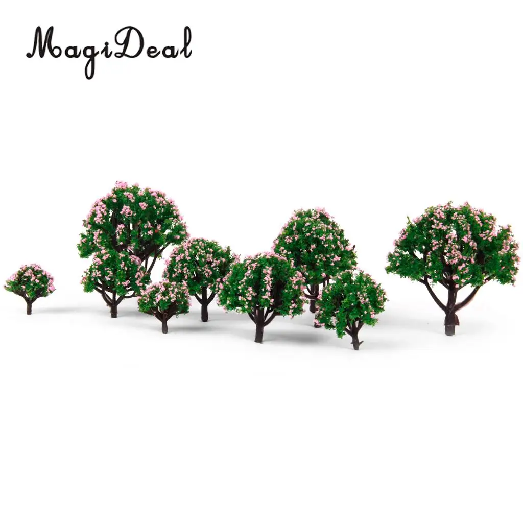 MagiDeal  5Sizes 10Pcs Plastic Model Tree with Pink Flower for Railroad Railway Train Track Home Garden Building Layout Diorama