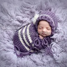 Детское вязание крючком Фиолетовый прильнуть мешок и капот с цветком Tie-Back swaddler Sack крючком фотографии реквизит ребенка шапку