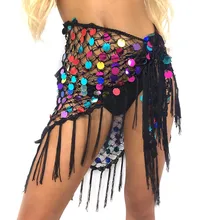 Сексуальная Женская юбка с кисточками и пайетками в стиле бохо, лето, богемный купальник с сеткой, мини-юбка с высокой талией, пляжная юбка с запахом черного цвета
