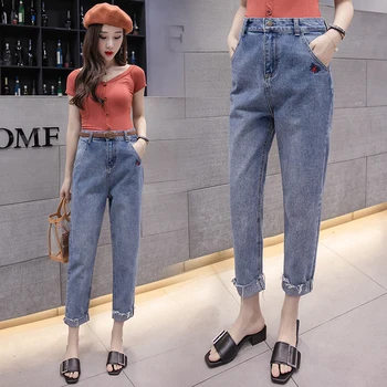 

2018 bug pattern embroidery women jeans woman jeans with high waist denim pants femme boyfriend jeans for women