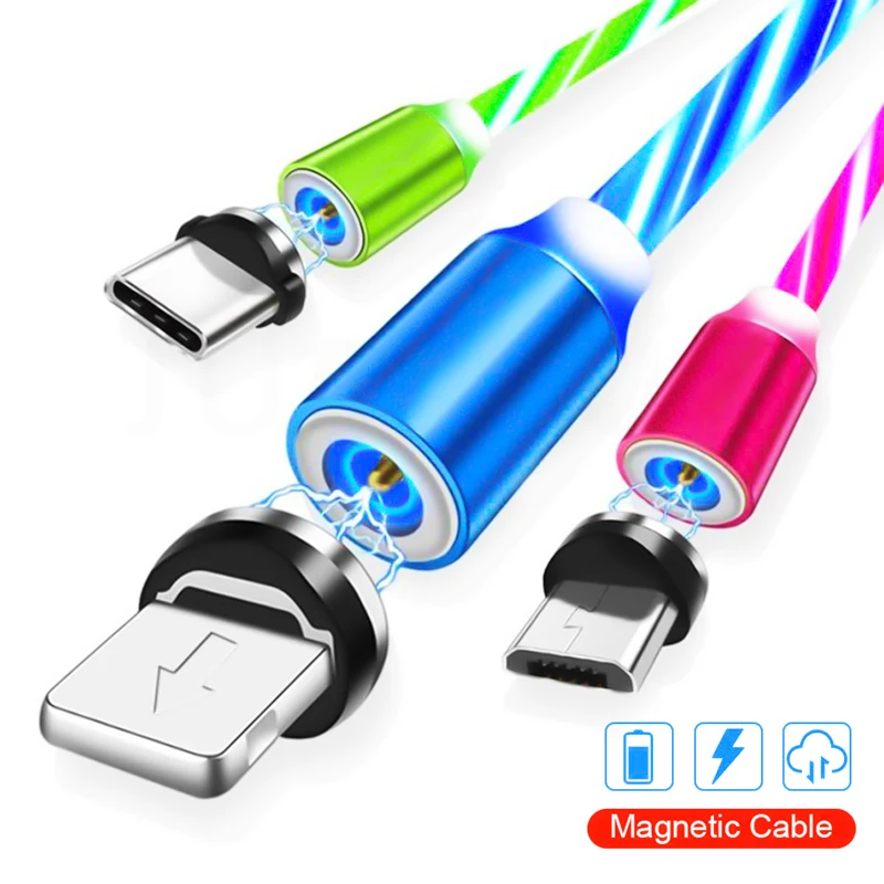 

1m Magnetic Cable 2.4A Fast Charging LED Luminous Glow Flowing Cable For iPhone 7 Samsung S8 Micro USB Type C mobile phone cable