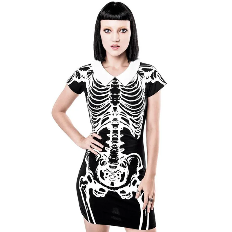 

Uideazone Women New Skeleton Printed Dress Short Sleeve Skull Party Cosplay Costumes Scary Design Mini Dresses Vesitidos