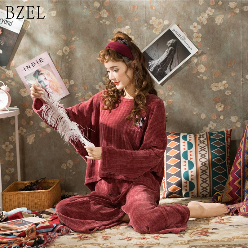 BZEL Cute Cartoon Dog Pajama Sets Women Long Sleeve Sleepwear Round Neck Pijama Femme Two Piece Set Pyjamas Sleep Lounge | Женская