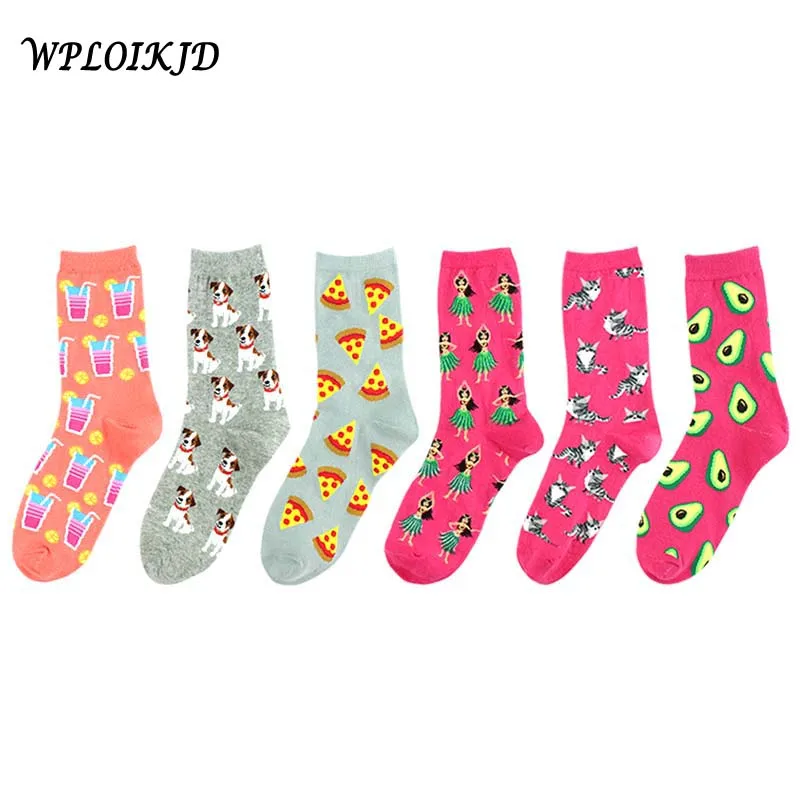 

WPLOIKJD Women Socks Japanese Cotton Color Cartoon Cute Avocado pizza Harajuku Happy Funny Socks Creative Calcetines Skarpetki