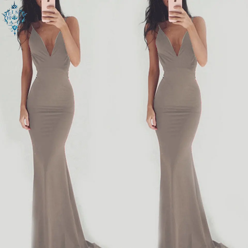 

Ameision Women Long Evening Gown 2019 Sexy Banquet Prom Dresses V Neck Soft Elastic Satin Backless Floor Length Club Party Dress