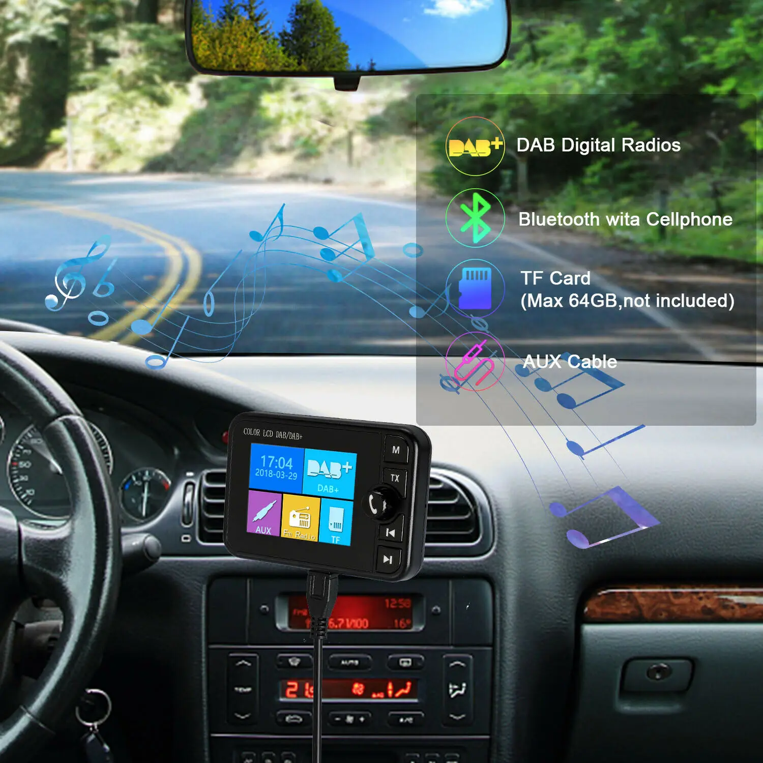 

DAB Radio Receiver Colorized Screen Support Bluetooth Music Calling Answer for Car LCC77