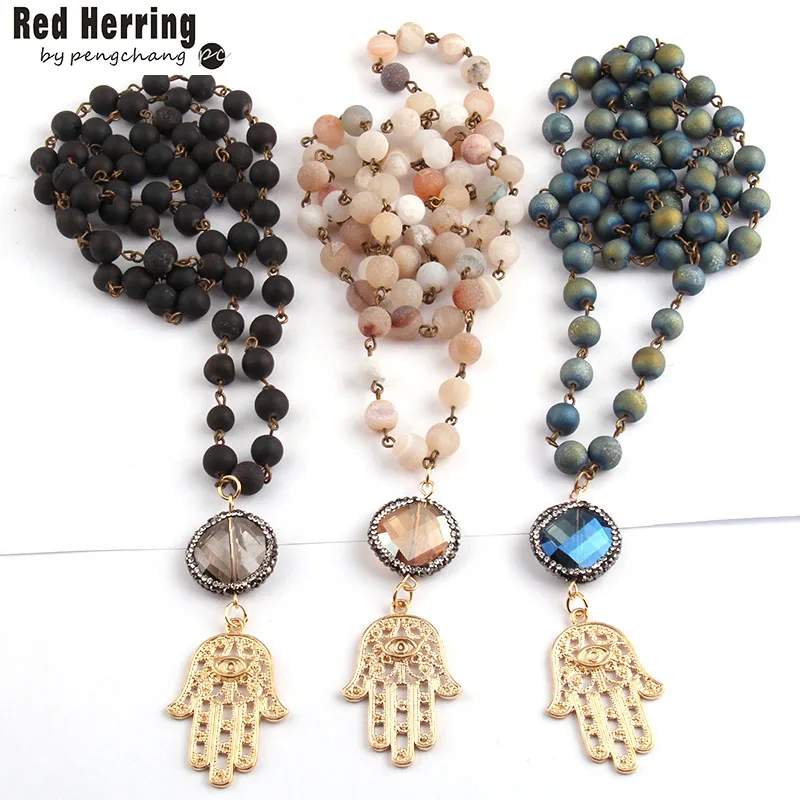 

Free Shipping Fashion Bohemian Jewelry Rosary Chain Natural Druzy Handmake Paved Crystal Palm Pendant Necklace