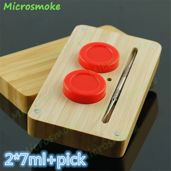 

2pcs 14ml Silicone Bamboo set mat wax oil container Metal pick 7ml*2 dry herb jars dab gift box 155*88*40mm tough Easy to clean