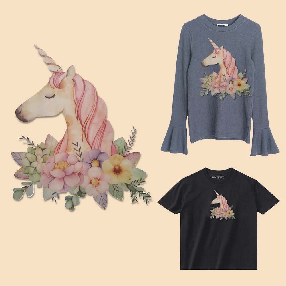 

1 Pcs Flower Patch For Cute Cartoon Unicorn Cartoon T-shirt Patch Of Sweater Dresses Washable Heat Transfer Applique DIY Craft