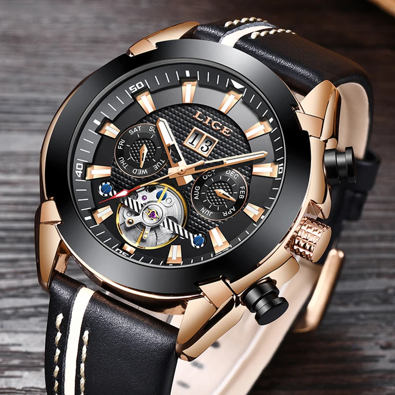 Новые спортивные механические часы LIGE для мужчин s деловые кожаные автоматические механические часы для мужчин военные водонепроницаемые часы Montre Homme