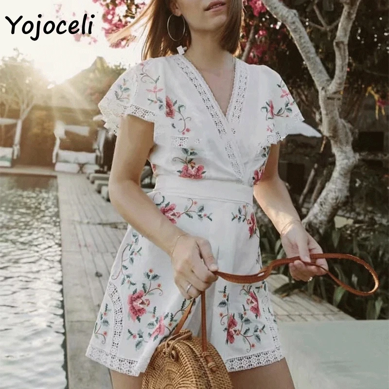 

Yojoceli 2019 summer sexy emobroidery jumpsuit romper women v neck floral crochet lace 2 pieces set romper boho beach playsuit