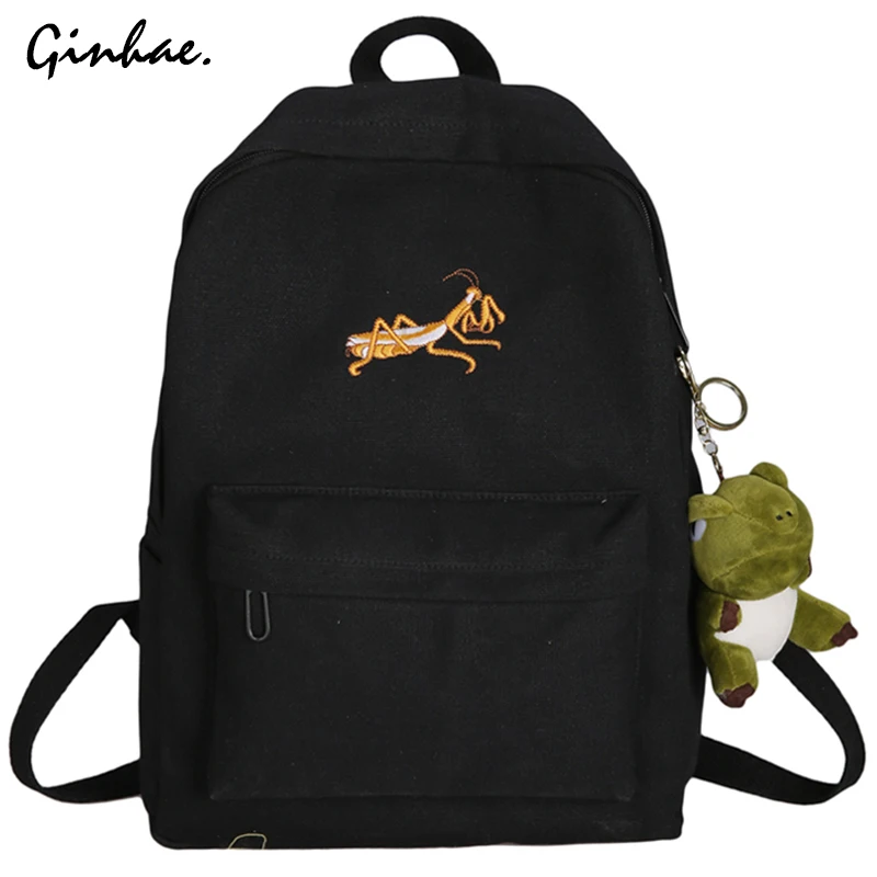 

Casual Canvas Animal Embroidery Backpack Female Travel Bag Cartoon School Backpack For Teenager Girls Preppy Style Shoulder Bag
