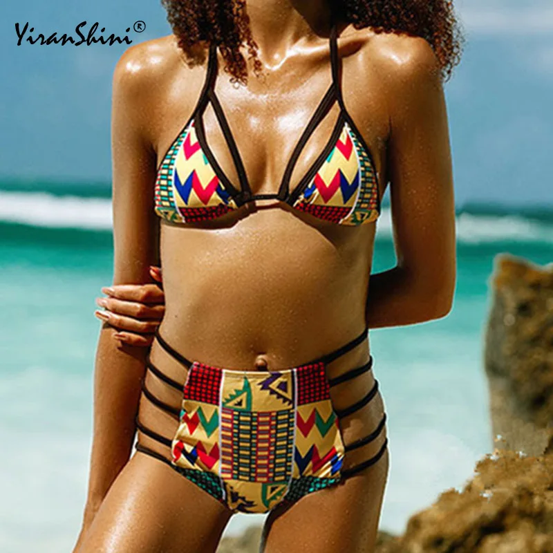 

YIRANSHINI New Brand Retro High Waist Bikini Set 2018 Brazilian Sexy Printing Swimsuit Halter Padded Biquini Hollow Out Swimwear