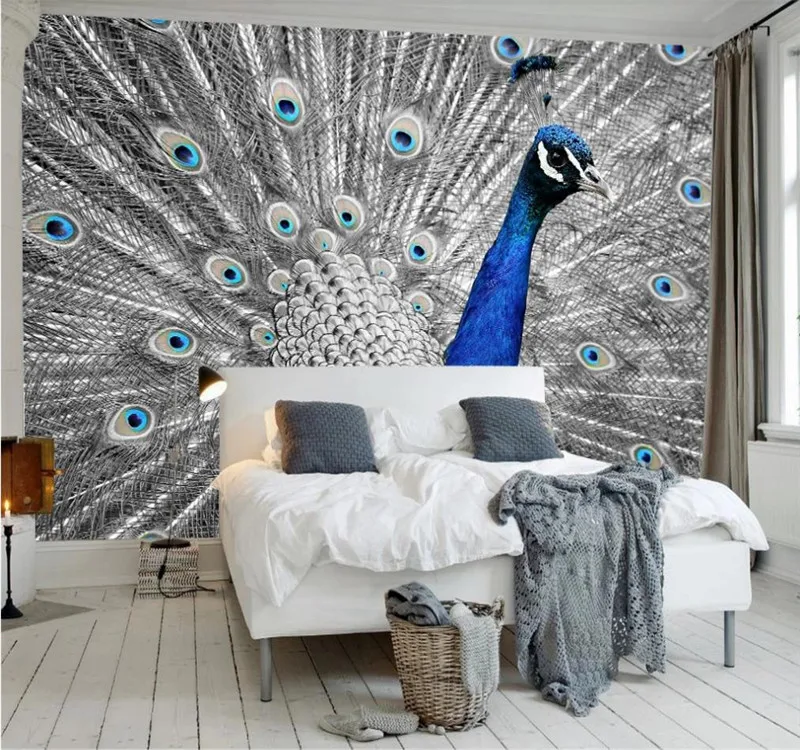 Custom 3D Wallpaper Modern Simple Aesthetic Blue Peacock Open Background Wall Painting - Silk Waterproof Material Custom 3D Wallpaper Modern Simple Aesthetic Blue Peacock Open Background Wall Painting - Silk Waterproof Material