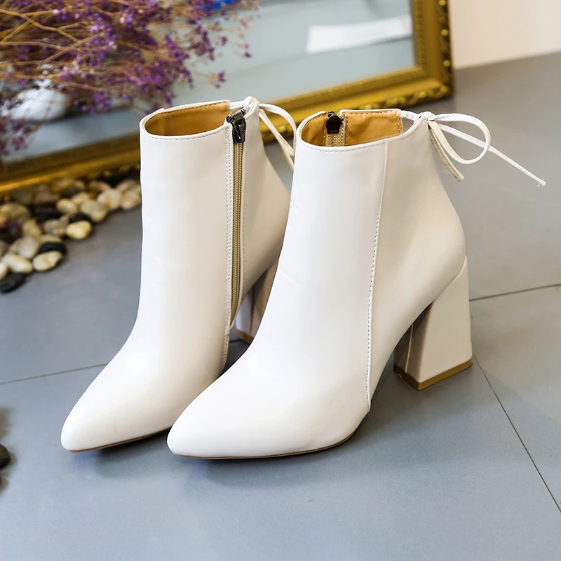 

Kjstyrka Women Winter Boots Sexy High Heels Ankle Boots 2018 Autumn Short Plush Warm Shoes Female White Black Zip Boots 8 cm