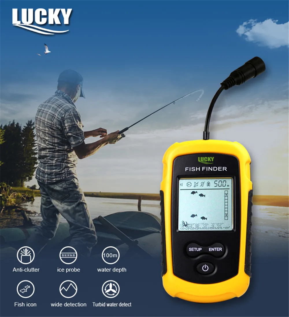 LUCKY FF1108-1, портативный эхолот Pesca, глубже, сенсор, ЖК-дисплей, датчик сигнализации для рыбалки, эхолот, 0,7-100 м