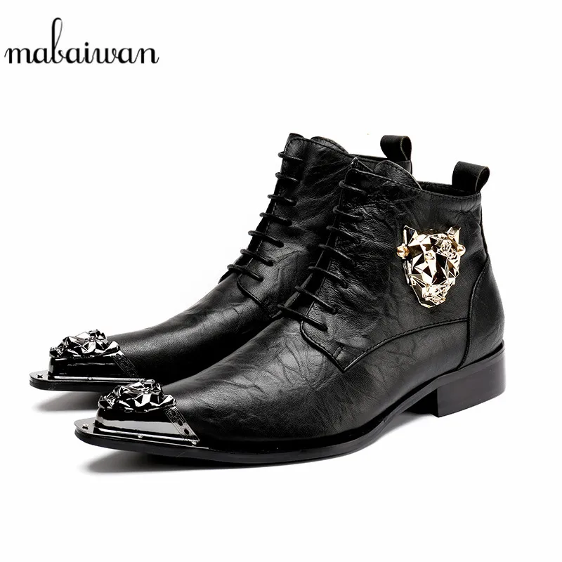

Mabaiwan New Winter Autumn Men Shoes Genuine Leather Metal Decoration Footwear Dress Party Shoes Men Military Cowboy Ankle Boots