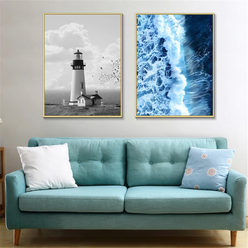 

Nordic Style Canvas Print Posters of Sea Water Waves Painting Lighthouse Wall Pictures For Living Room Wall Art Home Decor