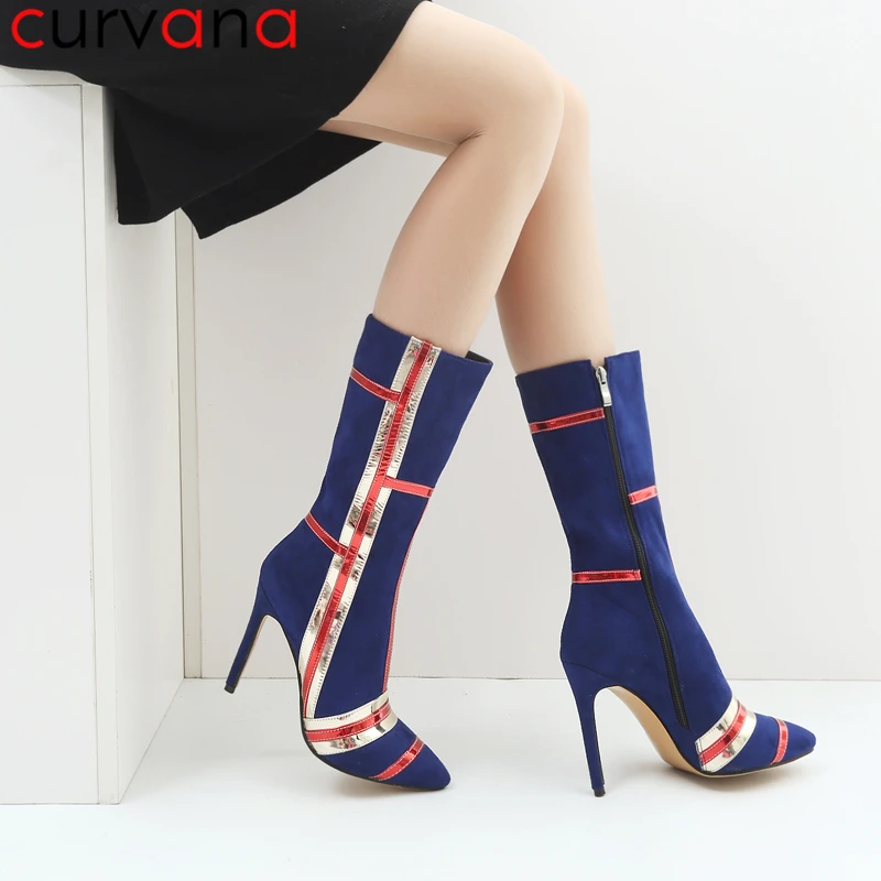 

Womens Winter Fashion 2018 Mid-calf Patchwork Long Boots Sexy Bling Western Style Chelsea Boots High Heel PU Leather Boots Women