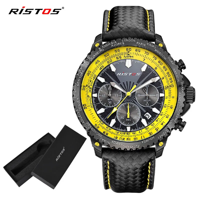 

RISTOS Extreme Sports Chronograph Analog Quartz Watch Casual Leather Watches Army Cool Watch with Date Calendar 93006