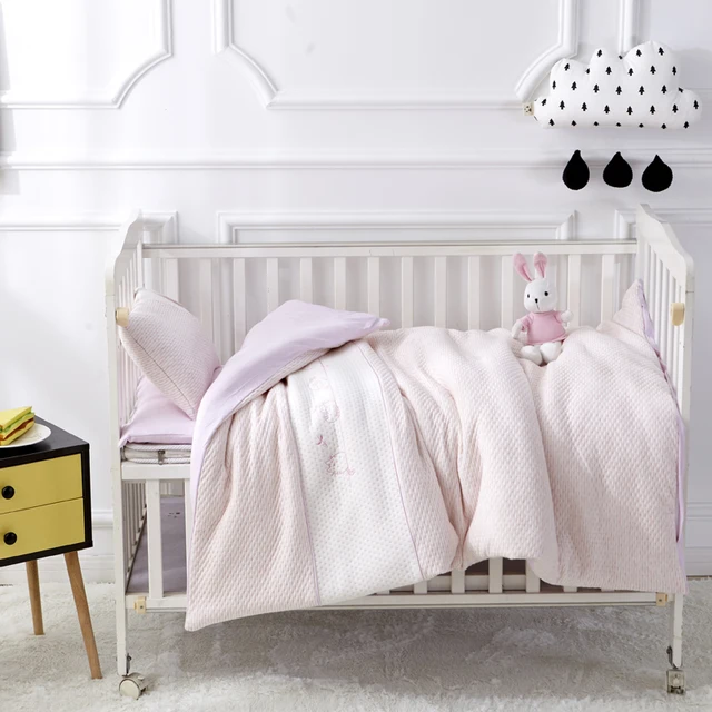 Lovely Pink Solid Color 7Pcs Cotton Baby Cot Bedding Set Newborn