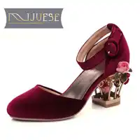 MLJUESE 2018 women pumps luxury sheepskin velvet autumn spring floral style heel buckle strap high heels women size 33-41
