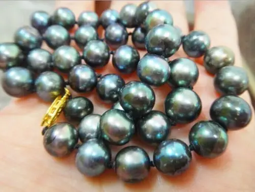 

08151 8-9MM NATURAL TAHITIAN GENUINE BLACK PEACOCK BLUE NEAR ROUND PEARL NECKLACE