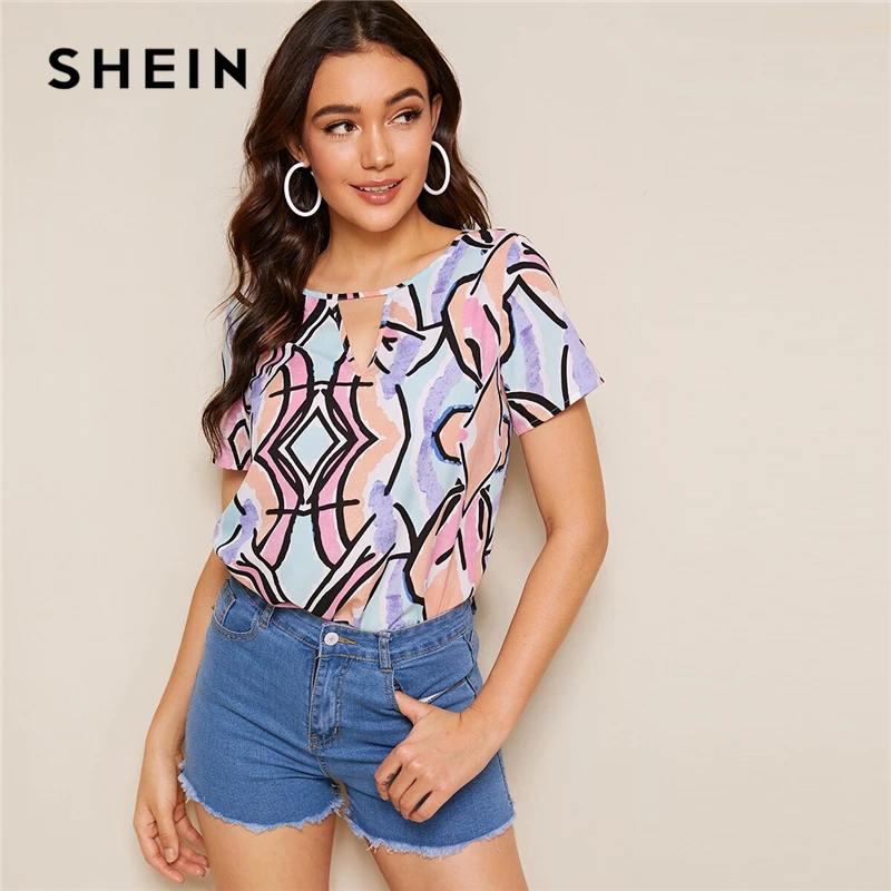 

SHEIN Multicolor Keyhole Neck Allover Print Cut Out Top Women Summer Casual Blouse Short Sleeve Womens Tops and Blouses