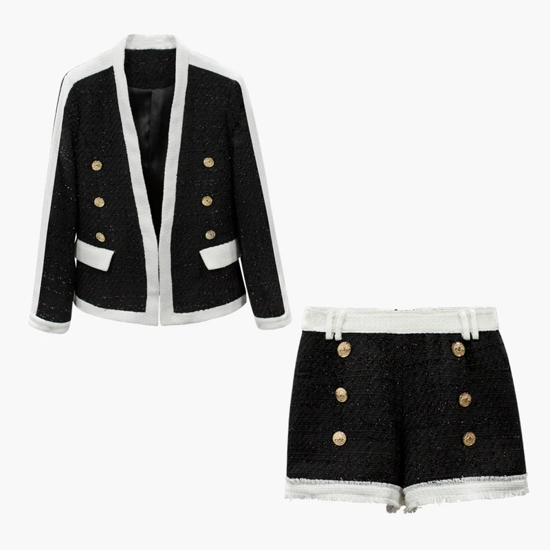 

HIGH QUALITY New Stylish Fall Winter 2019 Designer Suit Set Women's Color Block Lion Buttons Tweed Blazer Jacket Shorts Set
