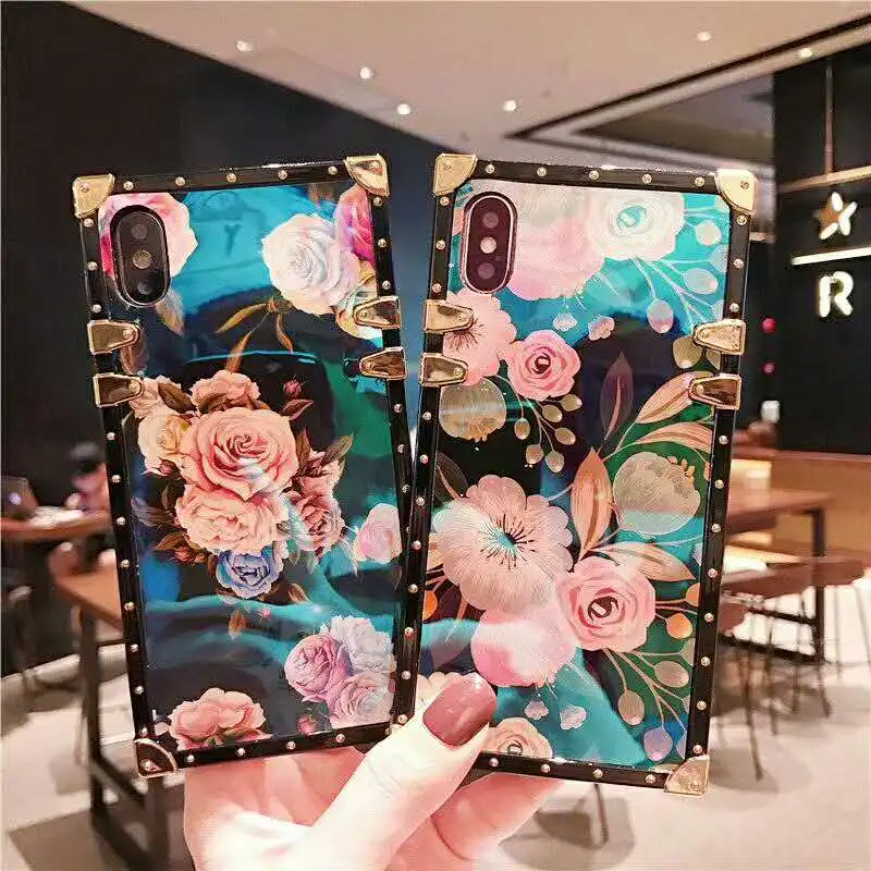 

Luxury Brand Blue Ray Rose Flower Case for Samsung Galaxy S8 S9 Plus Metal Square Phone Cases for Galaxy Note 9 Stand Cover