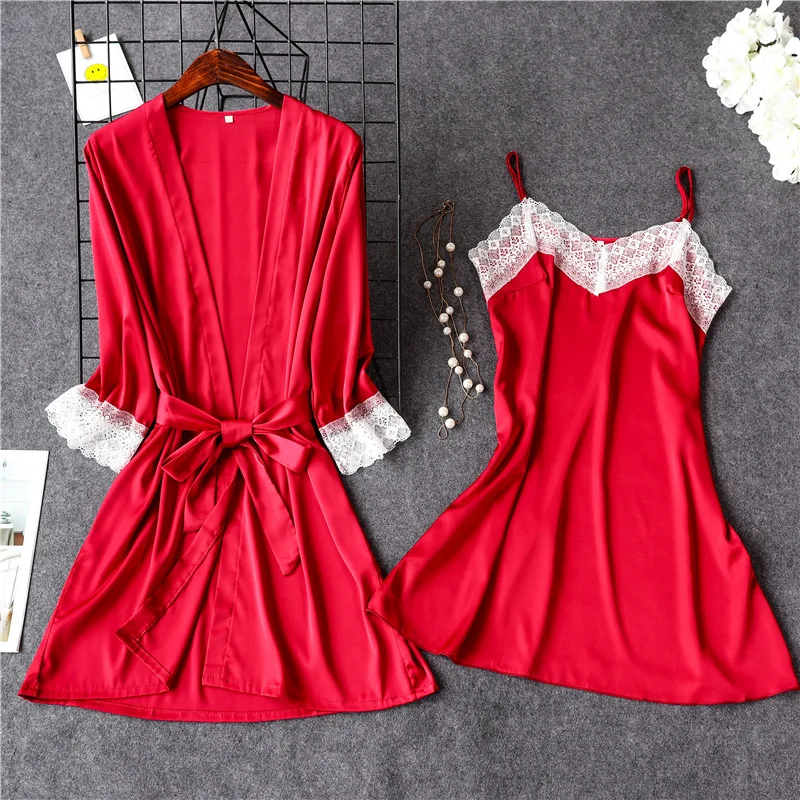 Пижама очень большого размера, комплект для женщин, шелковые сексуальные кружевные женские пижамы, женская одежда, одежда для сна, ночная сорочка с v-образным вырезом, ночная сорочка+ халат - Цвет: red