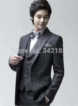 Cena 2015 Darmowa Wysyłka/one Button Dark Grey Groom Smokingi Szczyt Lapel Best Man Groomsmen Mężczyźni Garnitury ślubne/zachodnia ślub Suitsweddi