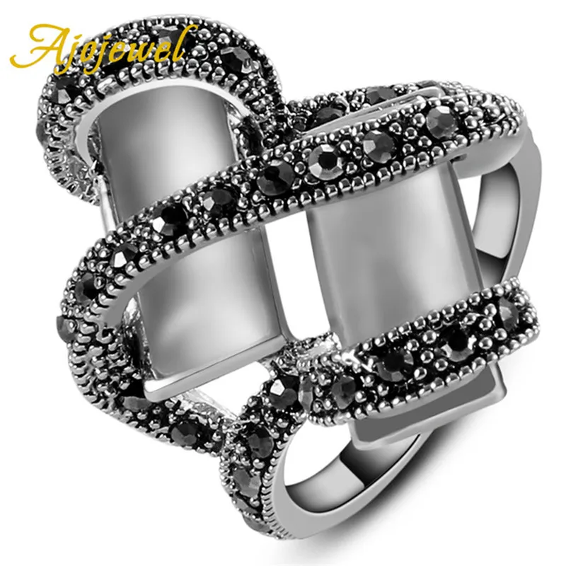 

Ajojewel Vintage Style White Opal Band Ring With Black Marcasite Rhinestone Rings For Women Retro Finger Jewelry Bijoux