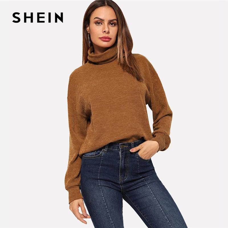 SHEIN Одноцветный Пуловер С Высоким Вырезом 2019 Повседневные Джемперы Длинным