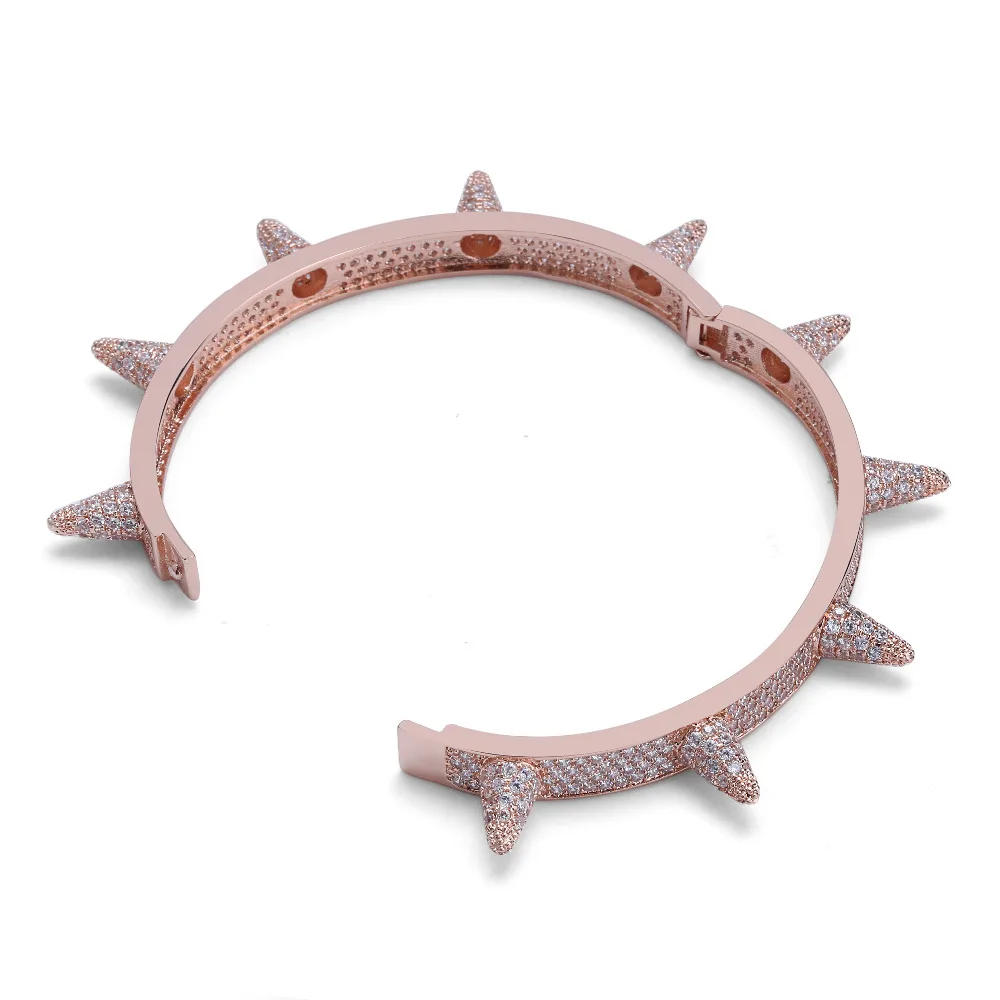 Luxury Iced Out Bling Cubic Zircon Hip Hop Rose Gold Silver Rivet Bracelets Spike Bangles Gifts for Men Women