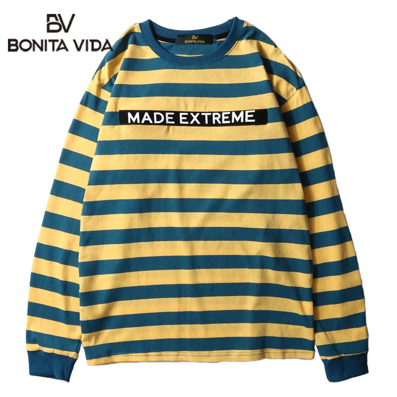 

Bonita Vida streetwear harajuku Striped Longs Sleeve T-Shirts Men 2019 Fashion Pullover Hip Hop Casual Cotton O Neck Tops Tee