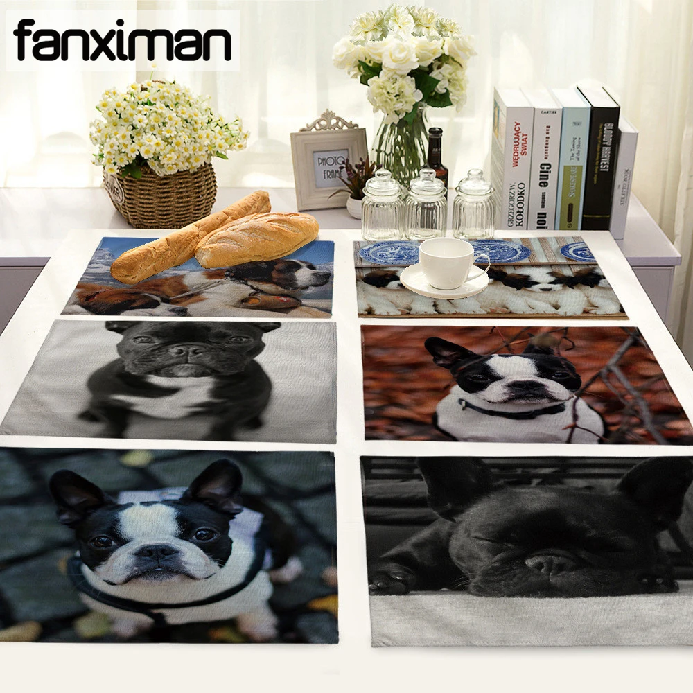 

Creative French Bulldog Pattern LinenTable Placemats Home Kitchen Table Pad Coffee Tea Place Mats Cup Coasters