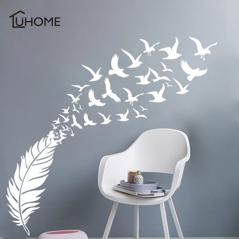Креативная Наклейка на стену с изображением летающих птиц и перьев, домашний Декор Adesivo De Parede, украшение для дома, обои, белая, черная наклейка на стену