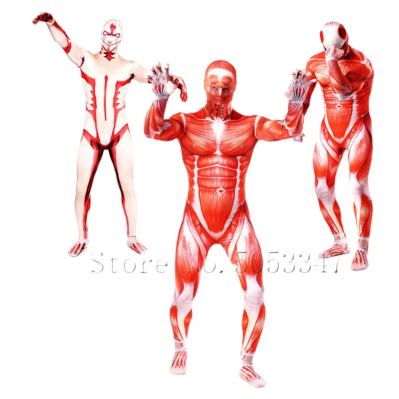 

Attack on Titan Colossal Titan Cosplay Costumes Adult Lycra Spandex Full Zentai Bodysuits Men Muscle Suit Second Skin Tight Suit