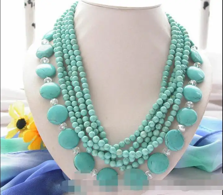 

FREE SHIPPING>>>@@ > 3342 6row blue round & coin Turquoise bead crystal NECKLACE
