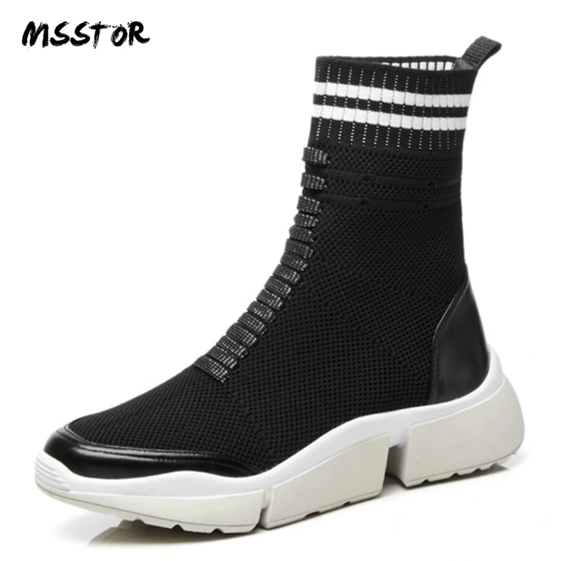 

MSSTOR 2018 New Mixed Colors Wedges Boots Fashion Platform Casual Concise Autumn Winter Boots Women Round Toe Black Sock Boots
