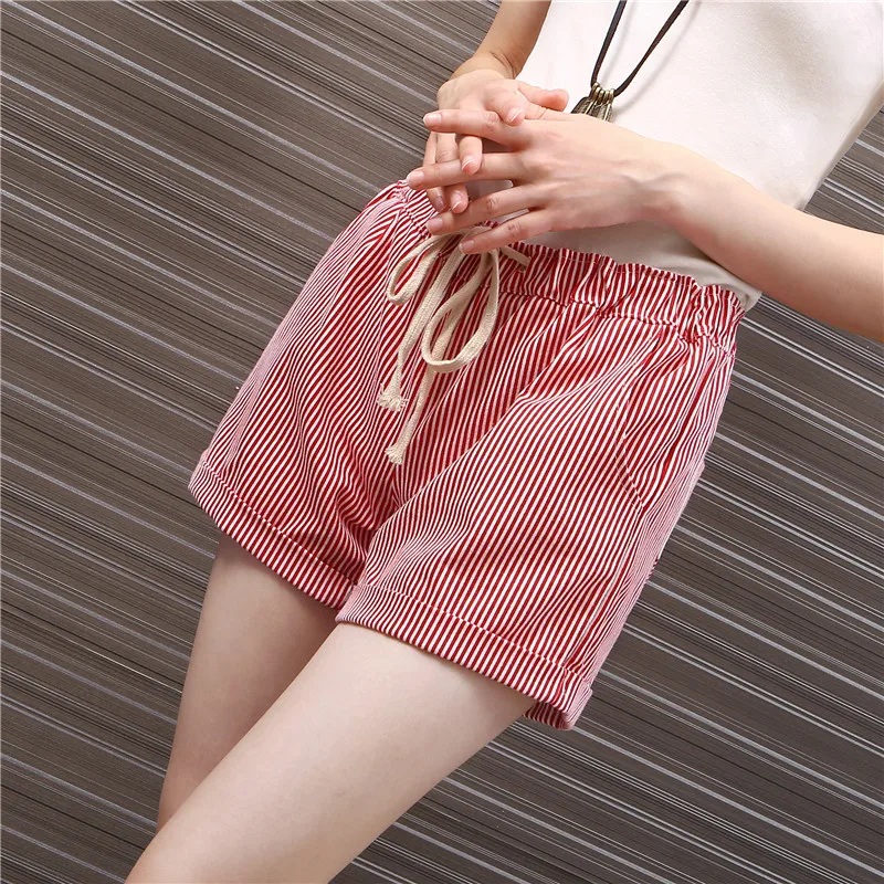 Red Strip Summer Booty Shorts For Women Street Style Linen Palazzo