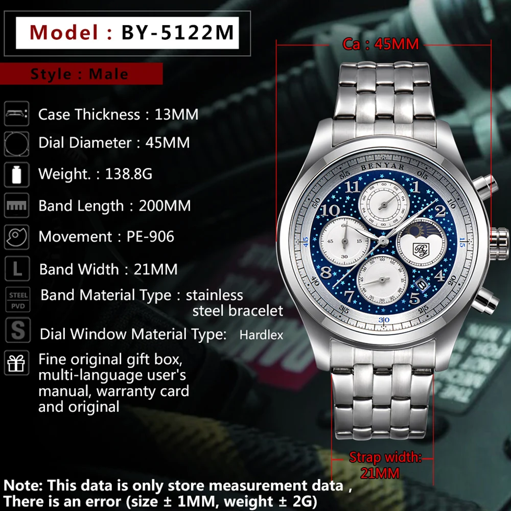 Новые Benyar мужские часы moon phase кварцевые роскошные полностью из нержавеющей стали